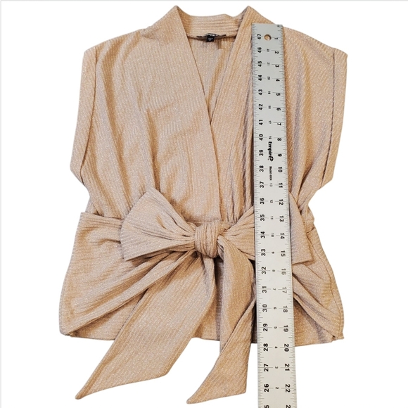 Express Beige Metallic Ribbed Faux Wrap Tie Front Top Size Medium - Picture 11 of 13